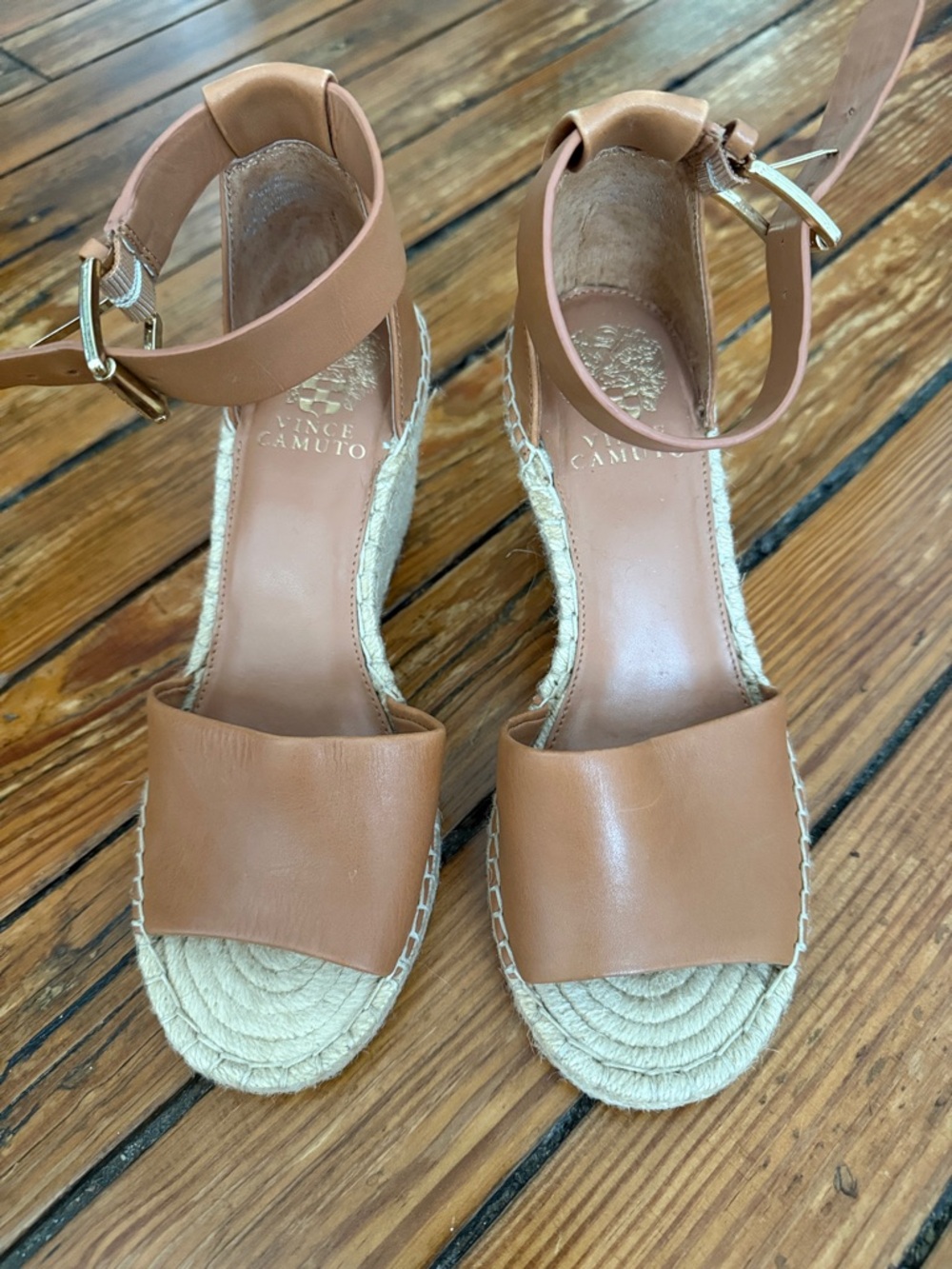 Vince Camuto Cognac Leather Espadrille Wedge Sandals